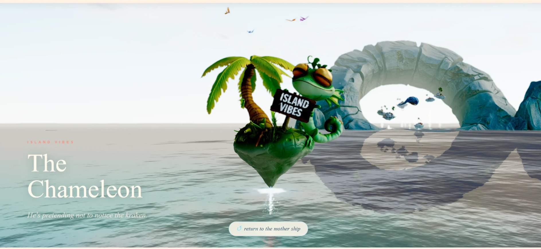 The chameleon island — a tiny floating rock with a palm tree, a chameleon in sunglasses holding a hand-painted ISLAND VIBES sign, the stone arch and main archipelago reflected in the water behind him.